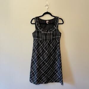 Fossil S plaid a-line mini dress party cocktail academia 100% SIlK corpcore gray